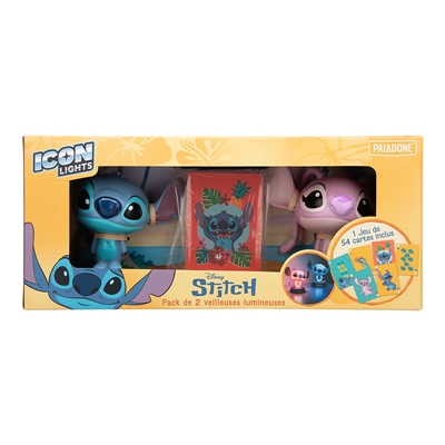 STITCH BLEU ET ANGEL ROSE 2 COFFRET ICON LIGHT+SET CARTES A JOUER /12